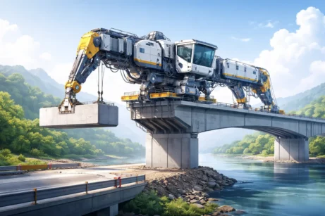 Ako využiť umelú inteligenciu v&nbsp;projektovom riadení. Robotický stroj stavia most.